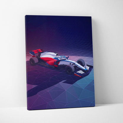 Formula 1 Car Inspired White Blue Canvas Wall Art, Vaporwave Race Car Artwork, Neon Grid Garage Decor, Retro Futuristic Motorsport Print
