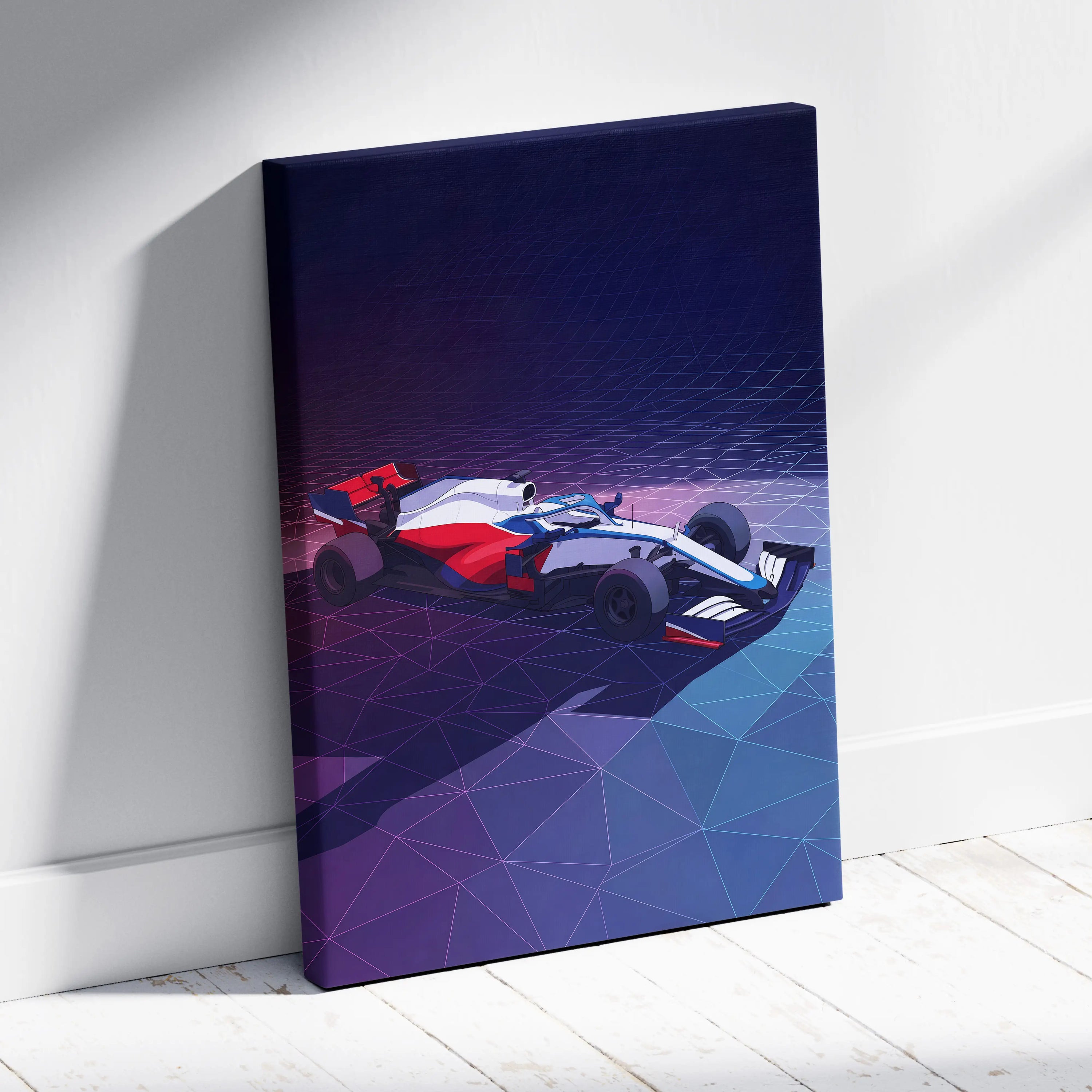 Formula 1 Car Inspired White Blue Canvas Wall Art, Vaporwave Race Car Artwork, Neon Grid Garage Decor, Retro Futuristic Motorsport Print