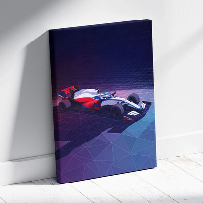 Formula 1 Car Inspired White Blue Canvas Wall Art, Vaporwave Race Car Artwork, Neon Grid Garage Decor, Retro Futuristic Motorsport Print