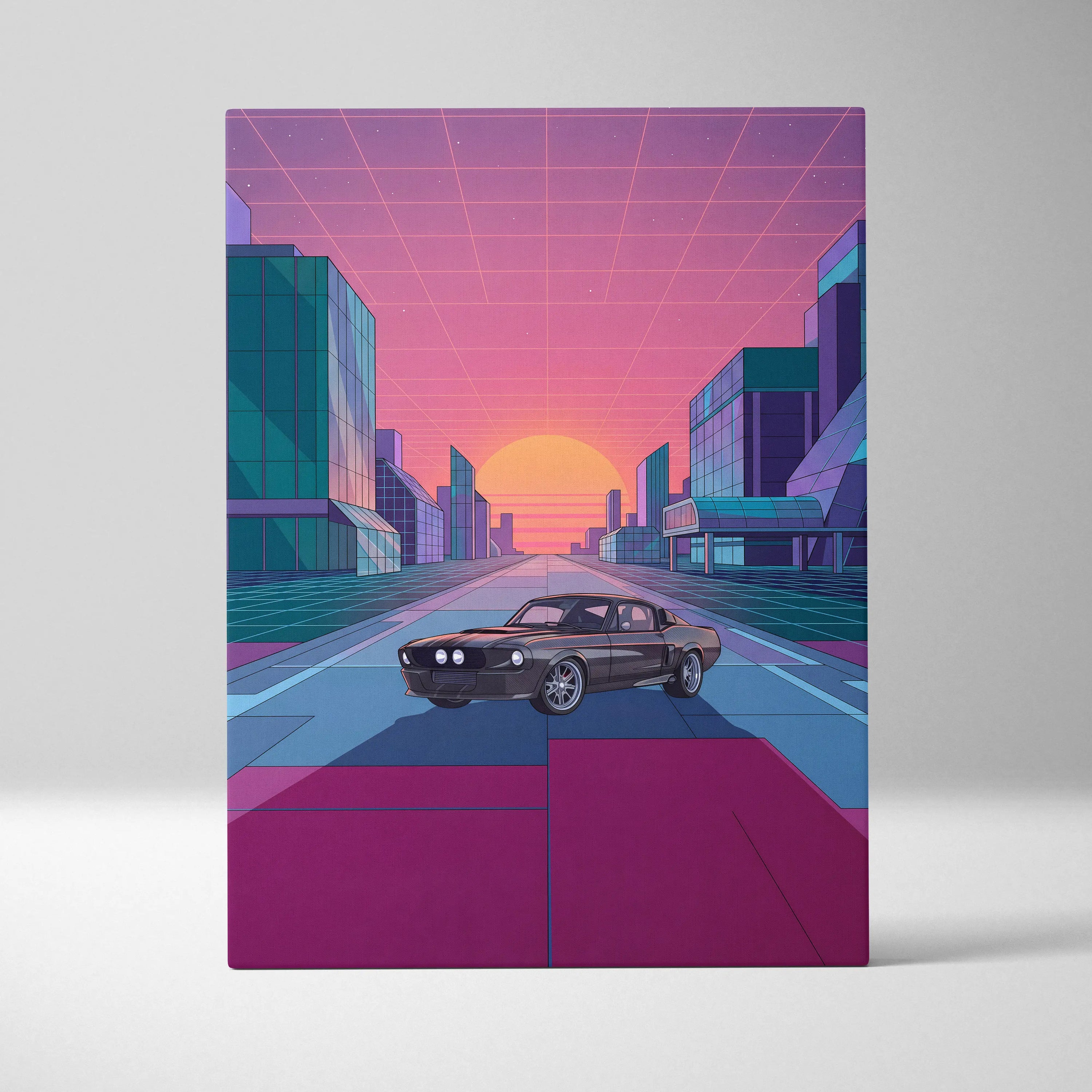 Ford Mustang Shelby GT500 Inspired Black Pink Canvas Wall Art, Vaporwave Muscle Car Artwork, Neon City Garage Decor, Retro Futuristic Print