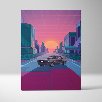 Ford Mustang Shelby GT500 Inspired Black Pink Canvas Wall Art, Vaporwave Muscle Car Artwork, Neon City Garage Decor, Retro Futuristic Print