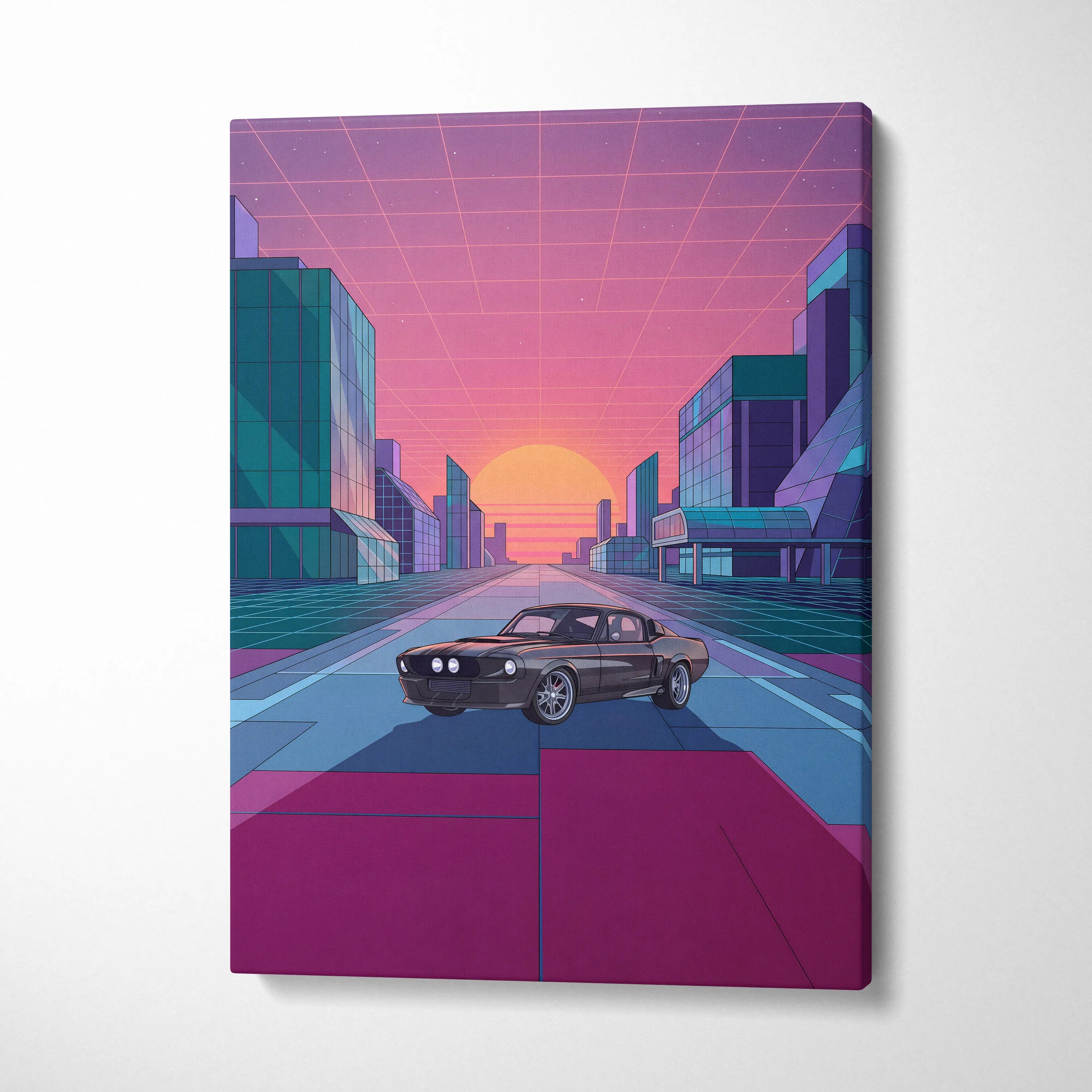Ford Mustang Shelby GT500 Inspired Black Pink Canvas Wall Art, Vaporwave Muscle Car Artwork, Neon City Garage Decor, Retro Futuristic Print