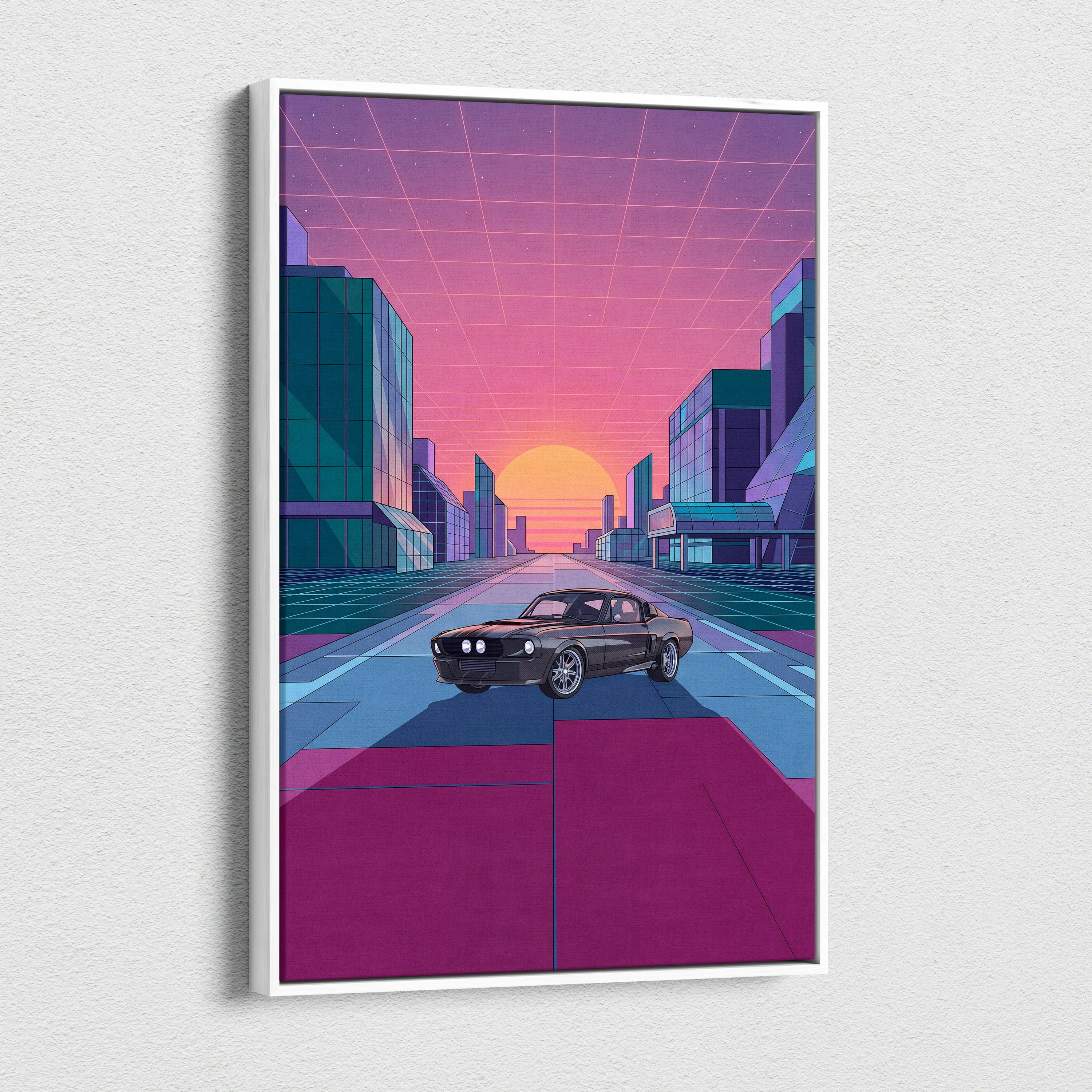Ford Mustang Shelby GT500 Inspired Black Pink Canvas Wall Art, Vaporwave Muscle Car Artwork, Neon City Garage Decor, Retro Futuristic Print