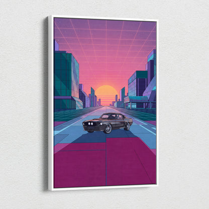 Ford Mustang Shelby GT500 Inspired Black Pink Canvas Wall Art, Vaporwave Muscle Car Artwork, Neon City Garage Decor, Retro Futuristic Print