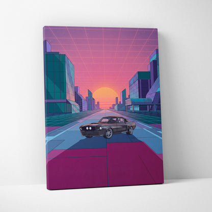 Ford Mustang Shelby GT500 Inspired Black Pink Canvas Wall Art, Vaporwave Muscle Car Artwork, Neon City Garage Decor, Retro Futuristic Print
