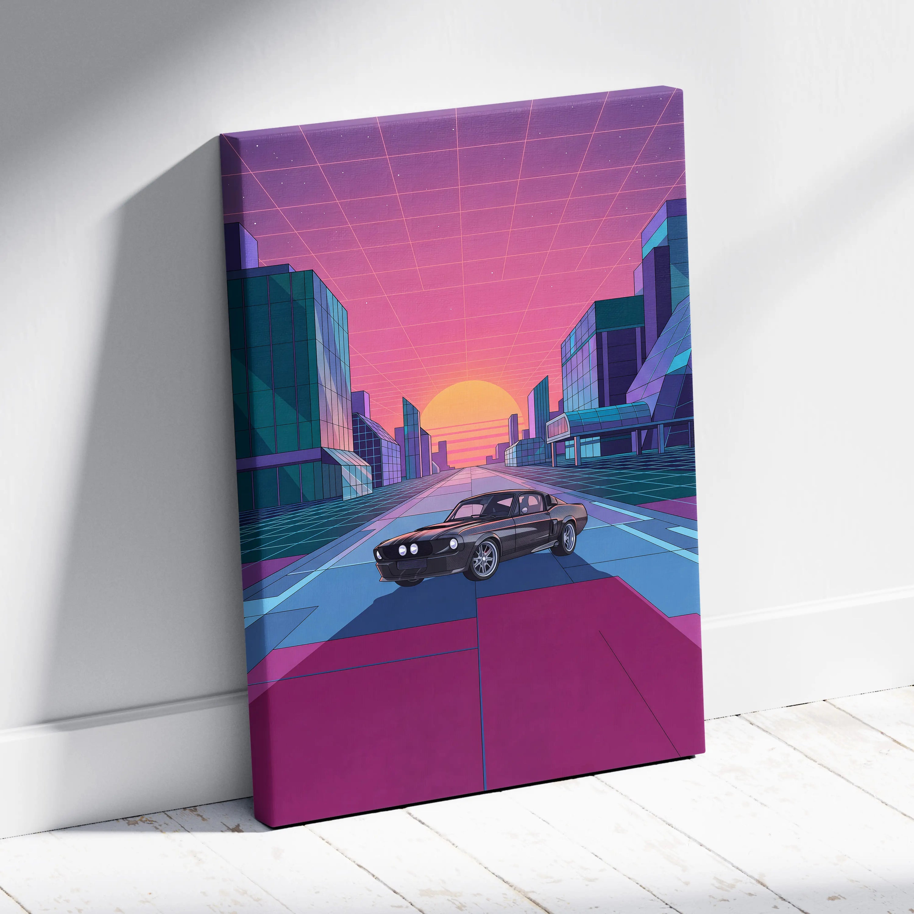 Ford Mustang Shelby GT500 Inspired Black Pink Canvas Wall Art, Vaporwave Muscle Car Artwork, Neon City Garage Decor, Retro Futuristic Print
