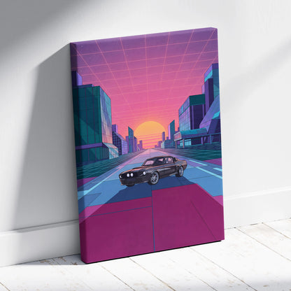 Ford Mustang Shelby GT500 Inspired Black Pink Canvas Wall Art, Vaporwave Muscle Car Artwork, Neon City Garage Decor, Retro Futuristic Print