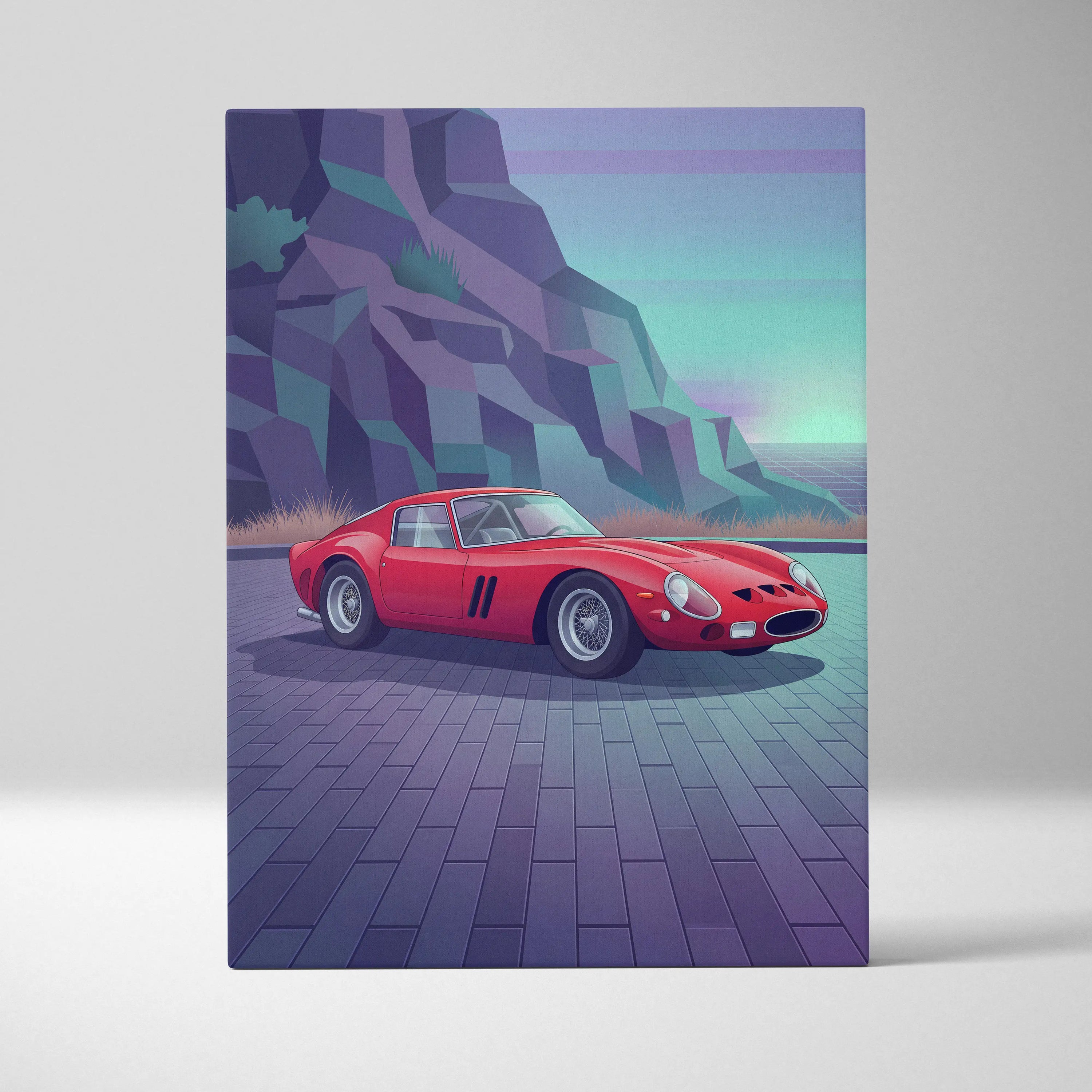 Ferrari 250 GTO Inspired Red Teal Canvas Wall Art, Vaporwave Classic Car Artwork, Neon Mountain Garage Decor, Retro Futuristic Exotic Print