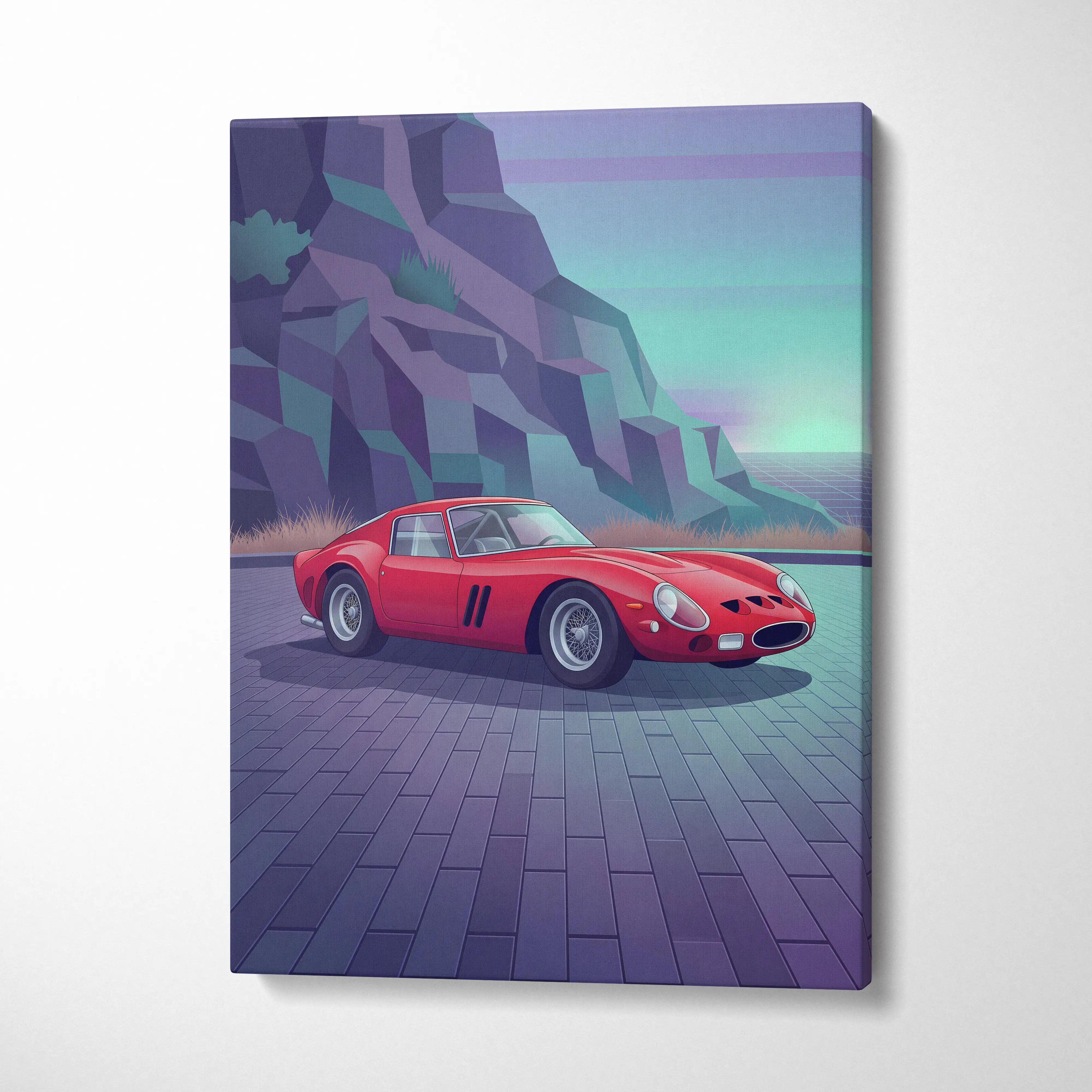 Ferrari 250 GTO Inspired Red Teal Canvas Wall Art, Vaporwave Classic Car Artwork, Neon Mountain Garage Decor, Retro Futuristic Exotic Print