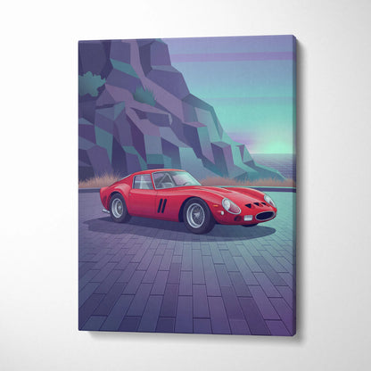Ferrari 250 GTO Inspired Red Teal Canvas Wall Art, Vaporwave Classic Car Artwork, Neon Mountain Garage Decor, Retro Futuristic Exotic Print