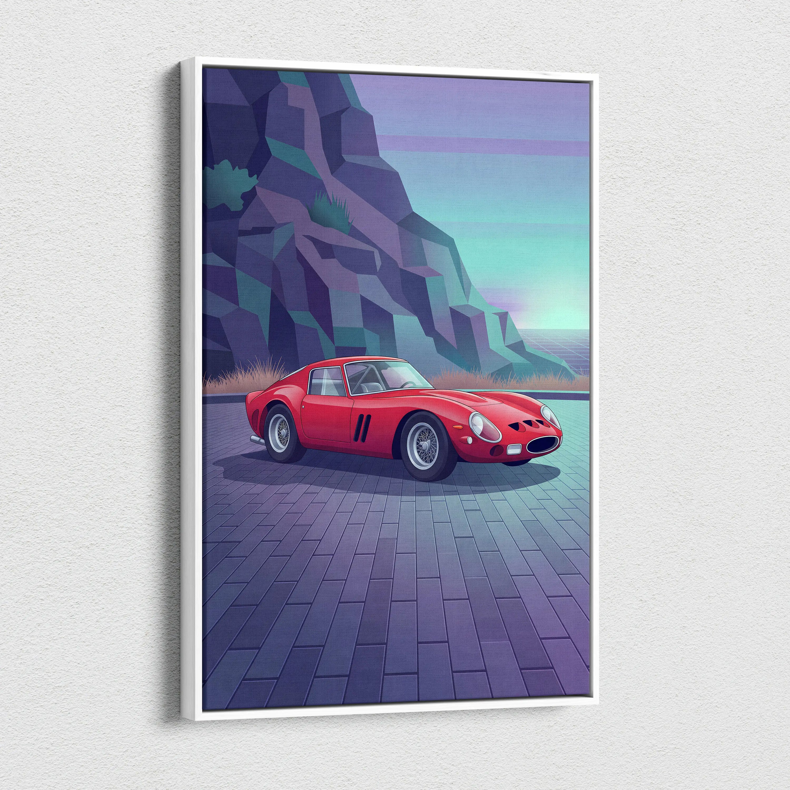 Ferrari 250 GTO Inspired Red Teal Canvas Wall Art, Vaporwave Classic Car Artwork, Neon Mountain Garage Decor, Retro Futuristic Exotic Print