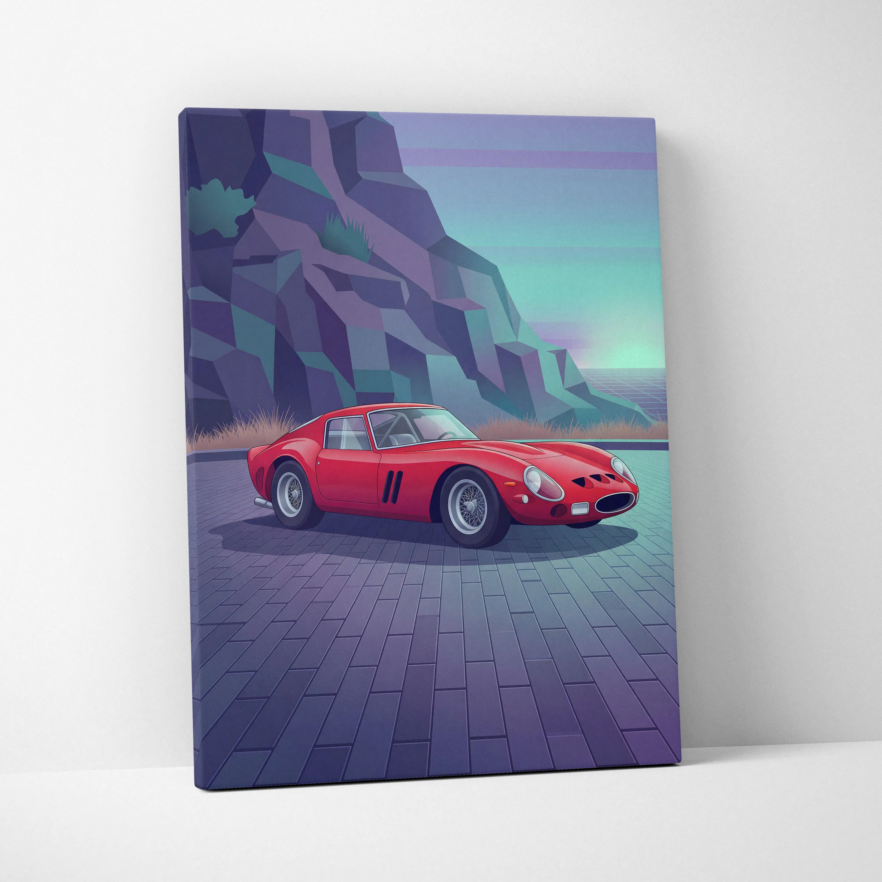 Ferrari 250 GTO Inspired Red Teal Canvas Wall Art, Vaporwave Classic Car Artwork, Neon Mountain Garage Decor, Retro Futuristic Exotic Print