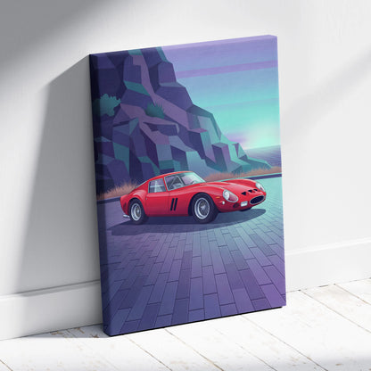 Ferrari 250 GTO Inspired Red Teal Canvas Wall Art, Vaporwave Classic Car Artwork, Neon Mountain Garage Decor, Retro Futuristic Exotic Print