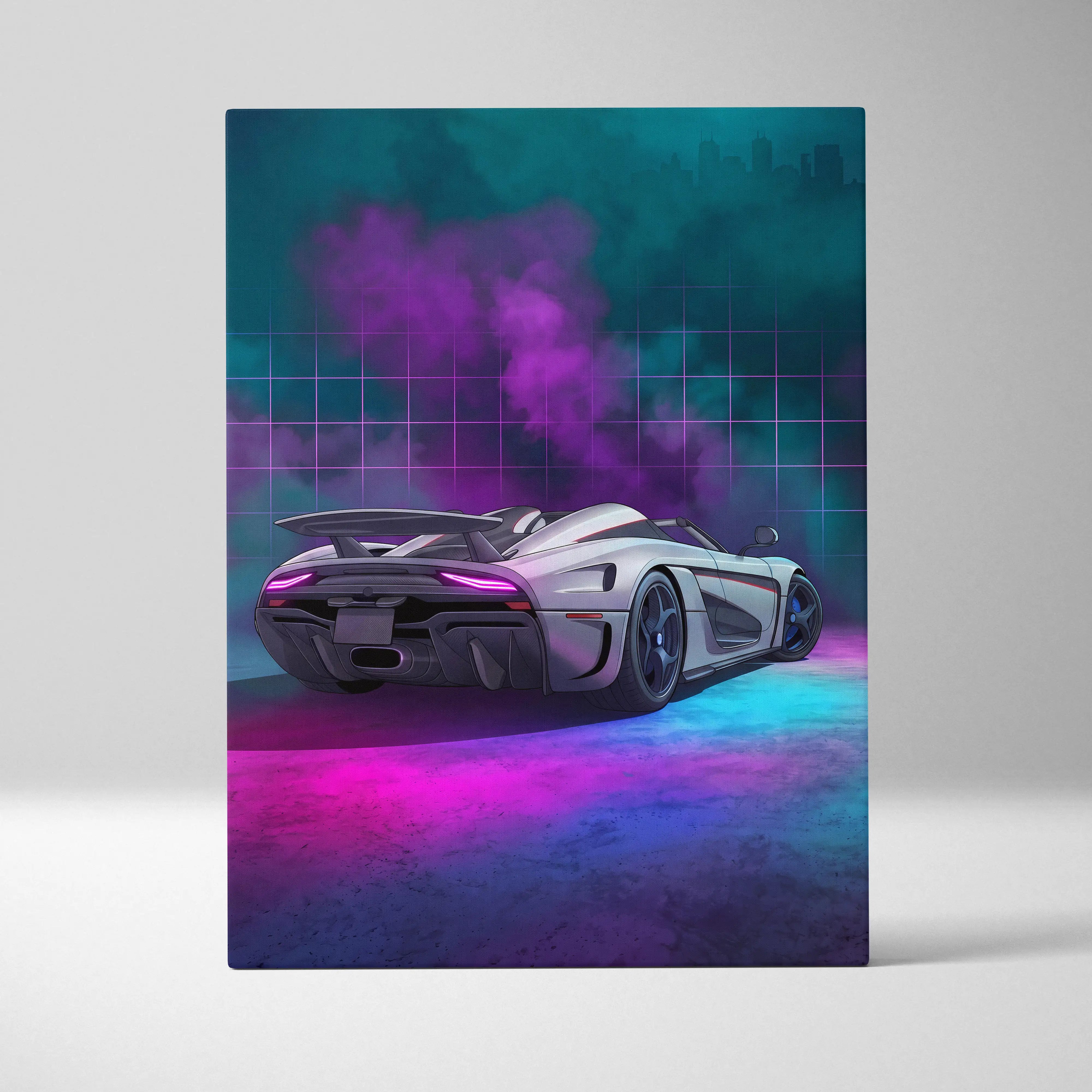 Koenigsegg regera inspired silver purple canvas wall art featuring a sleek silver koenigsegg hypercar in neon cyberpunk style