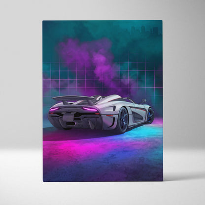 Koenigsegg Regera Inspired Silver Purple Canvas Wall Art, Vaporwave Hypercar Artwork, Neon Grid Garage Decor, Retro Futuristic Exotic Print