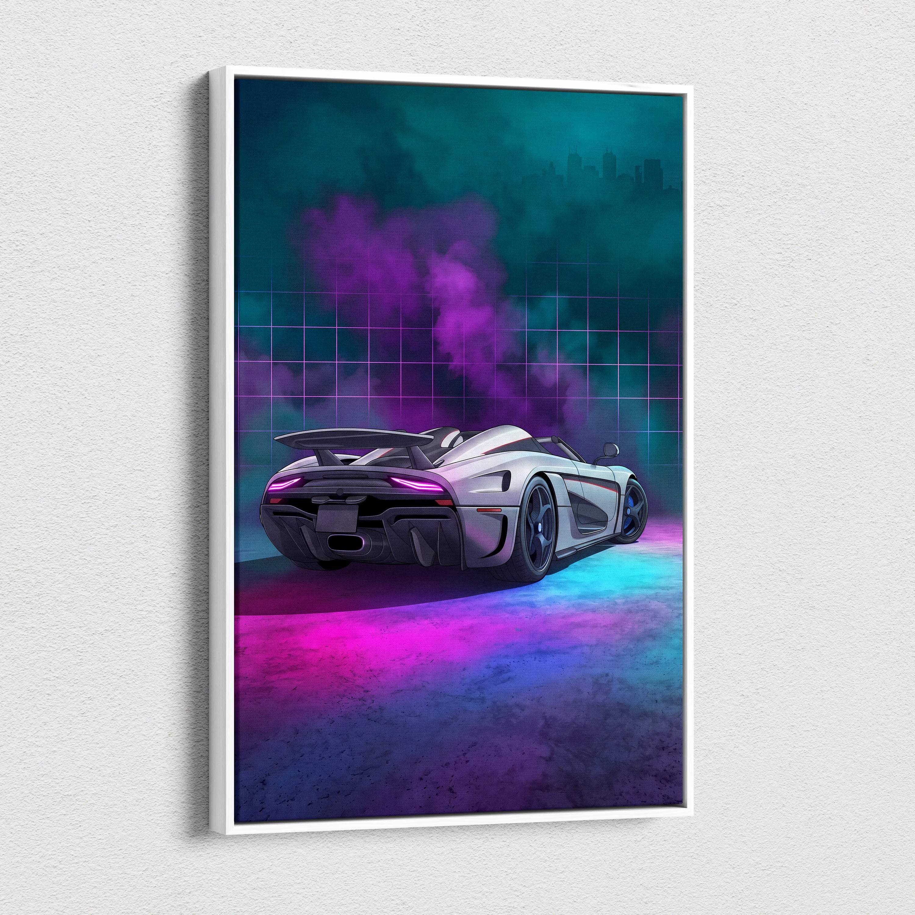 Koenigsegg Regera Inspired Silver Purple Canvas Wall Art, Vaporwave Hypercar Artwork, Neon Grid Garage Decor, Retro Futuristic Exotic Print