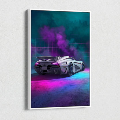 Koenigsegg Regera Inspired Silver Purple Canvas Wall Art, Vaporwave Hypercar Artwork, Neon Grid Garage Decor, Retro Futuristic Exotic Print