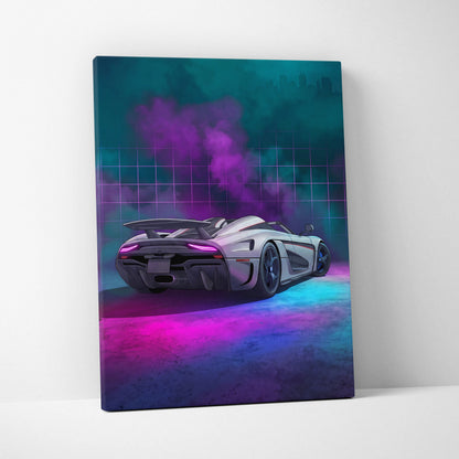 Koenigsegg Regera Inspired Silver Purple Canvas Wall Art, Vaporwave Hypercar Artwork, Neon Grid Garage Decor, Retro Futuristic Exotic Print