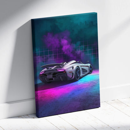 Koenigsegg Regera Inspired Silver Purple Canvas Wall Art, Vaporwave Hypercar Artwork, Neon Grid Garage Decor, Retro Futuristic Exotic Print