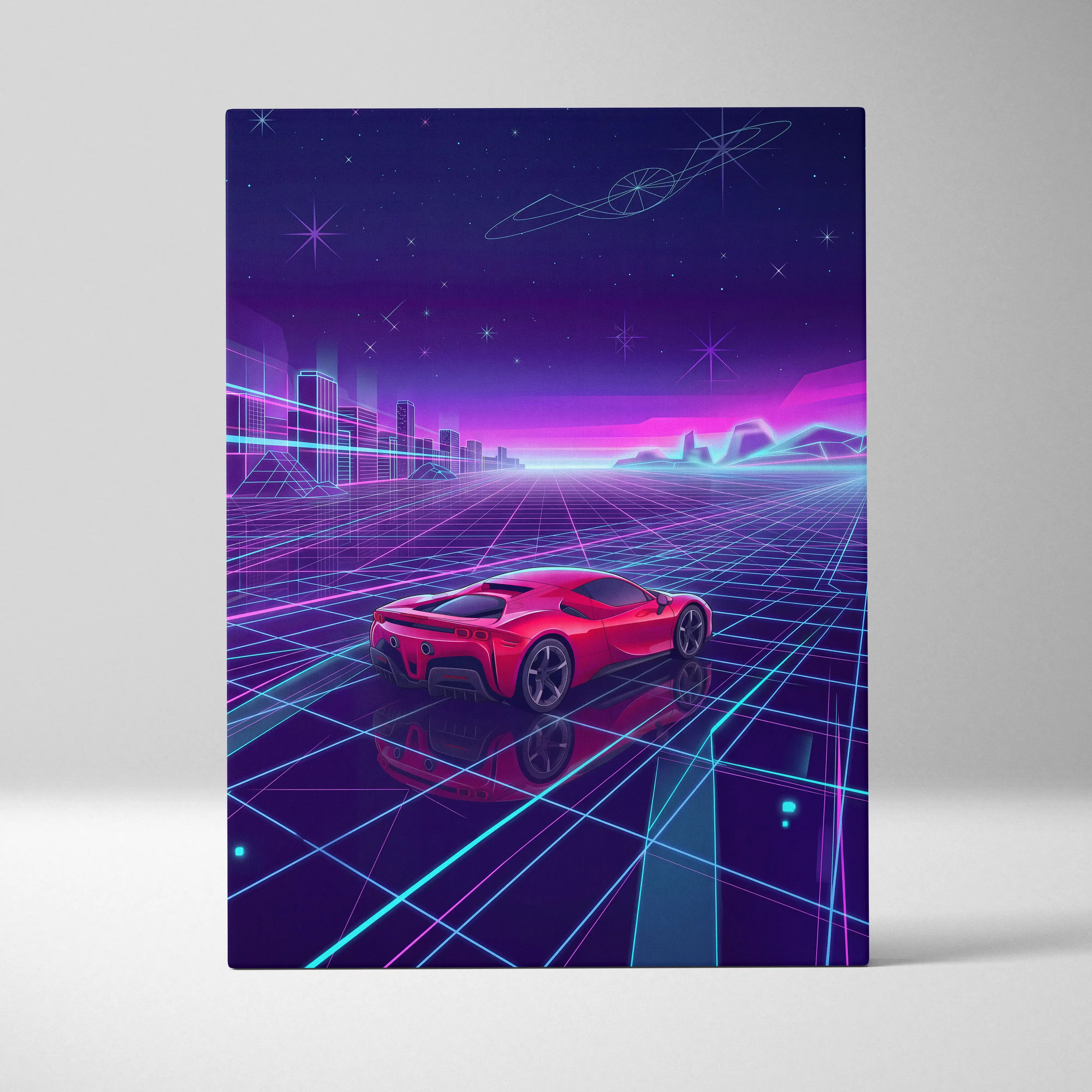 Vibrant red ferrari sf90 inspired sports car on neon purple canvas wall art for vaporwave garage decor