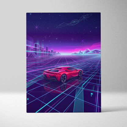 Ferrari SF90 Inspired Red Purple Canvas Wall Art, Vaporwave Supercar Artwork, Neon Grid Garage Decor, Retro Futuristic Exotic Print