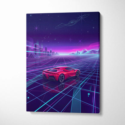 Ferrari SF90 Inspired Red Purple Canvas Wall Art, Vaporwave Supercar Artwork, Neon Grid Garage Decor, Retro Futuristic Exotic Print