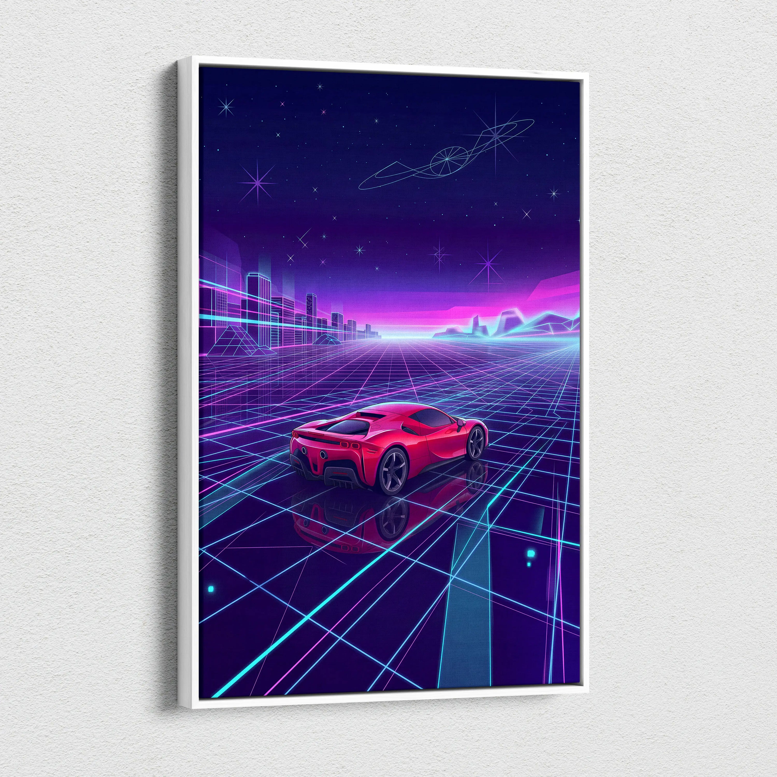 Ferrari SF90 Inspired Red Purple Canvas Wall Art, Vaporwave Supercar Artwork, Neon Grid Garage Decor, Retro Futuristic Exotic Print