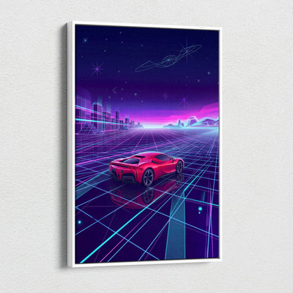 Ferrari SF90 Inspired Red Purple Canvas Wall Art, Vaporwave Supercar Artwork, Neon Grid Garage Decor, Retro Futuristic Exotic Print