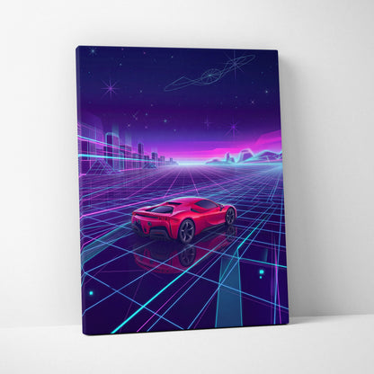 Ferrari SF90 Inspired Red Purple Canvas Wall Art, Vaporwave Supercar Artwork, Neon Grid Garage Decor, Retro Futuristic Exotic Print