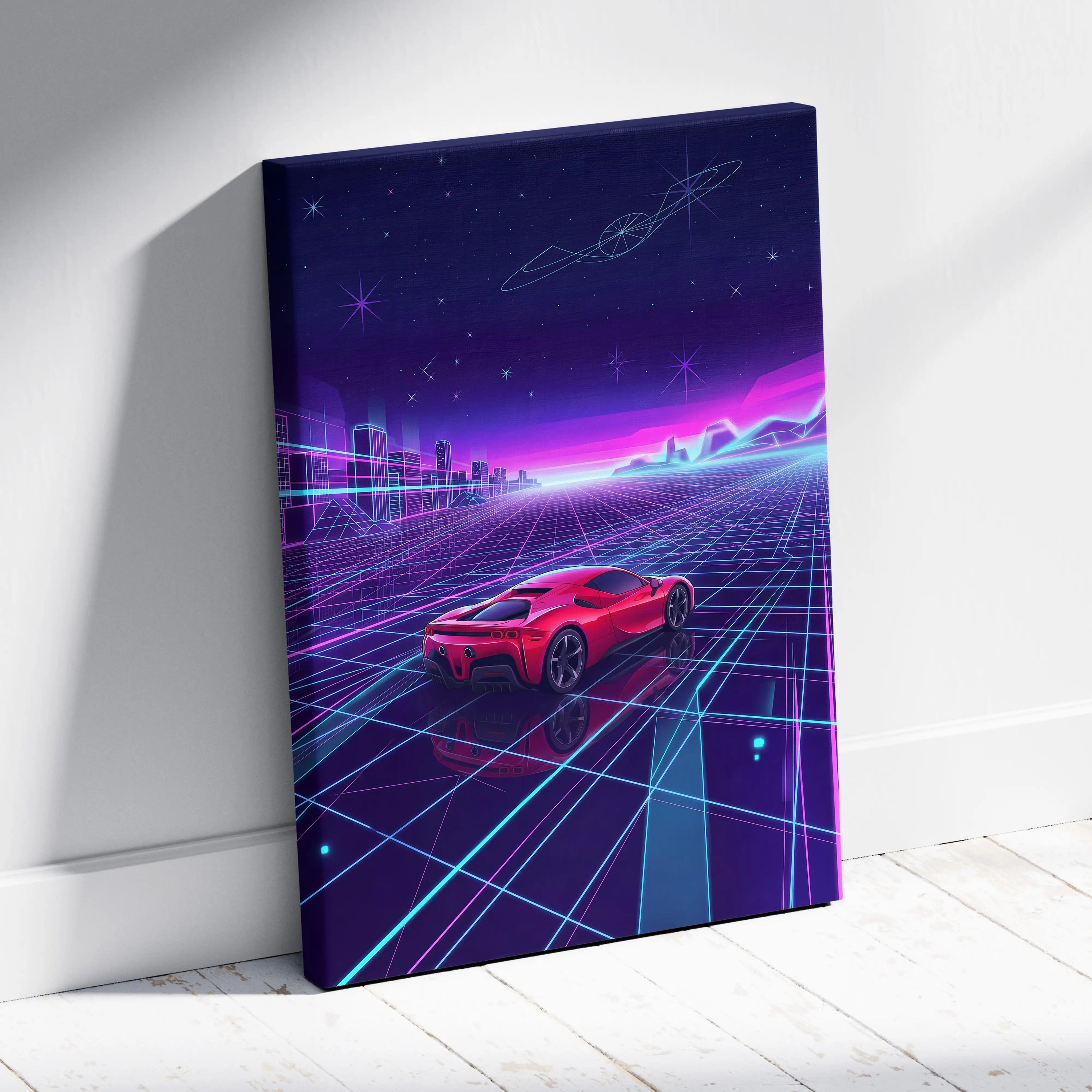 Ferrari SF90 Inspired Red Purple Canvas Wall Art, Vaporwave Supercar Artwork, Neon Grid Garage Decor, Retro Futuristic Exotic Print
