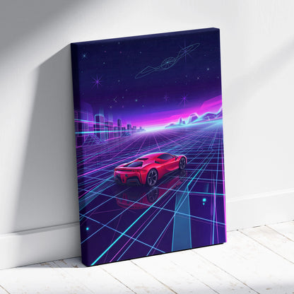 Ferrari SF90 Inspired Red Purple Canvas Wall Art, Vaporwave Supercar Artwork, Neon Grid Garage Decor, Retro Futuristic Exotic Print