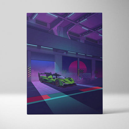 Lamborghini SC63 Inspired Green Purple Canvas Wall Art, Neon Vaporwave Hypercar Artwork for Modern Garage Decor
