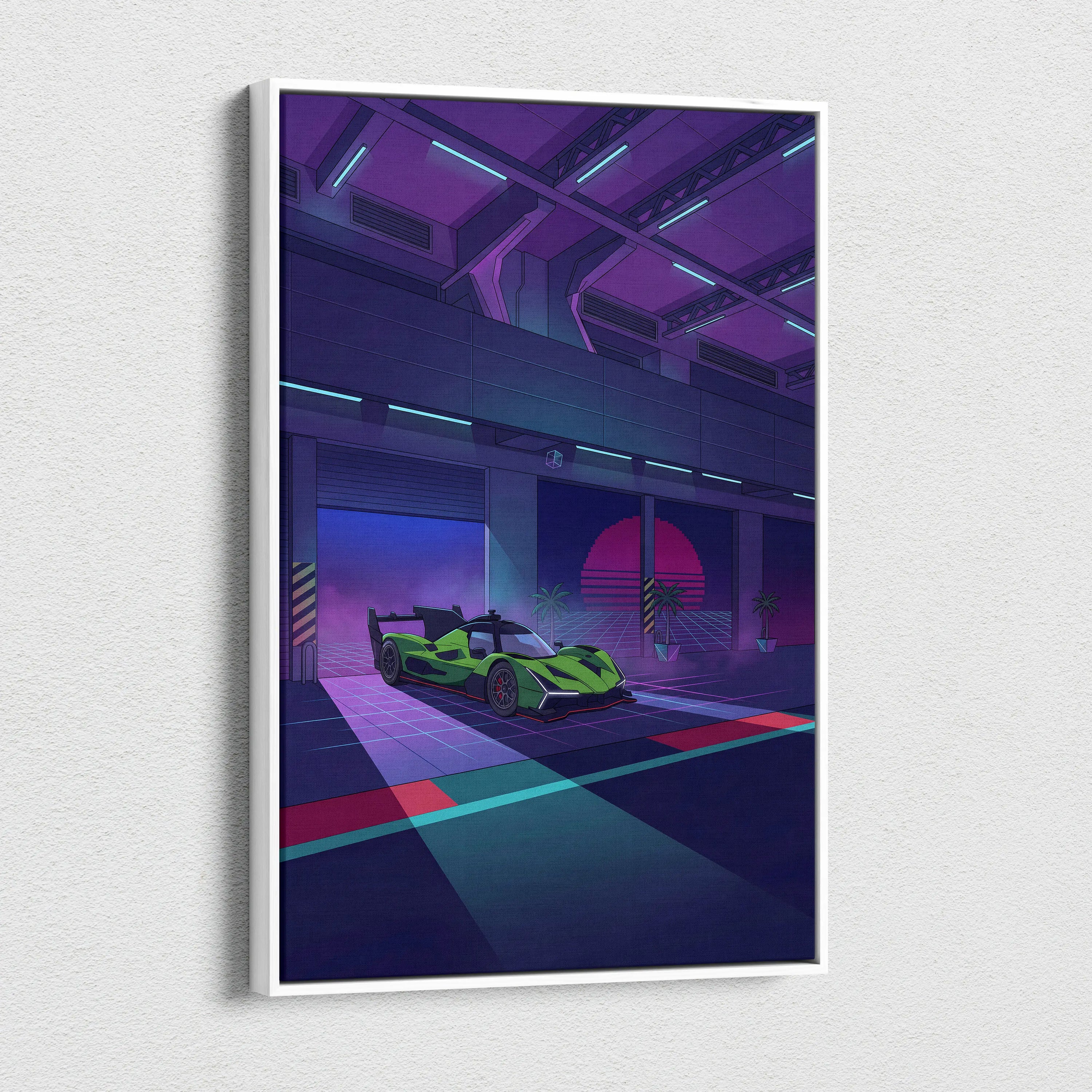 Lamborghini SC63 Inspired Green Purple Canvas Wall Art, Neon Vaporwave Hypercar Artwork for Modern Garage Decor