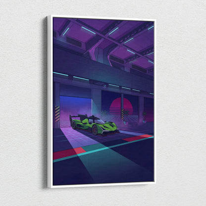 Lamborghini SC63 Inspired Green Purple Canvas Wall Art, Neon Vaporwave Hypercar Artwork for Modern Garage Decor