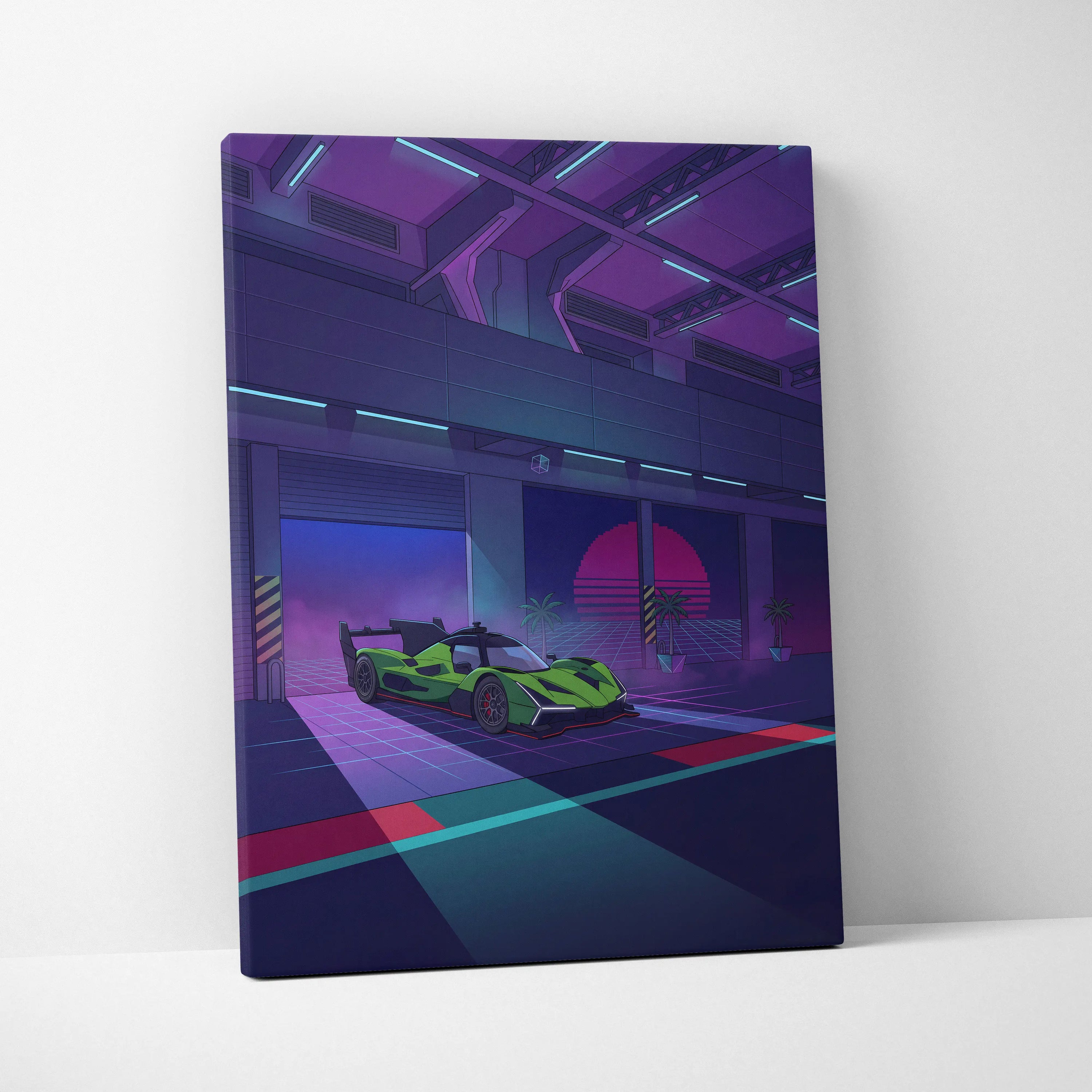 Lamborghini SC63 Inspired Green Purple Canvas Wall Art, Neon Vaporwave Hypercar Artwork for Modern Garage Decor