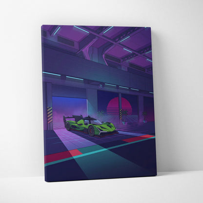 Lamborghini SC63 Inspired Green Purple Canvas Wall Art, Neon Vaporwave Hypercar Artwork for Modern Garage Decor