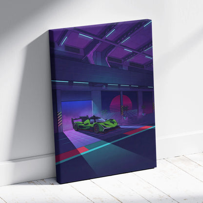 Lamborghini SC63 Inspired Green Purple Canvas Wall Art, Neon Vaporwave Hypercar Artwork for Modern Garage Decor