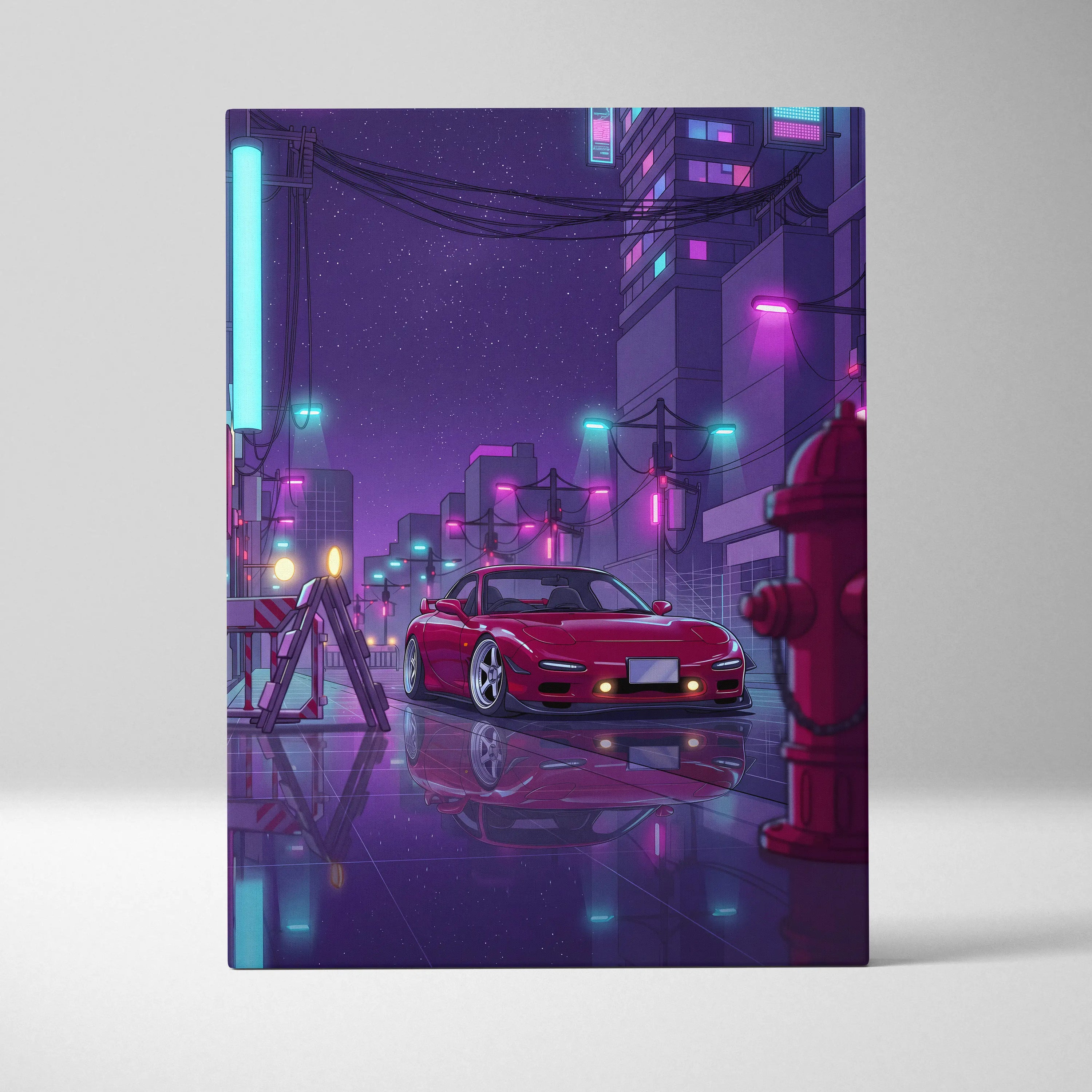 Mazda RX-7 FD Inspired Red Purple Canvas Wall Art, Neon Vaporwave JDM Sports Car Artwork for Cyberpunk Garage Decor