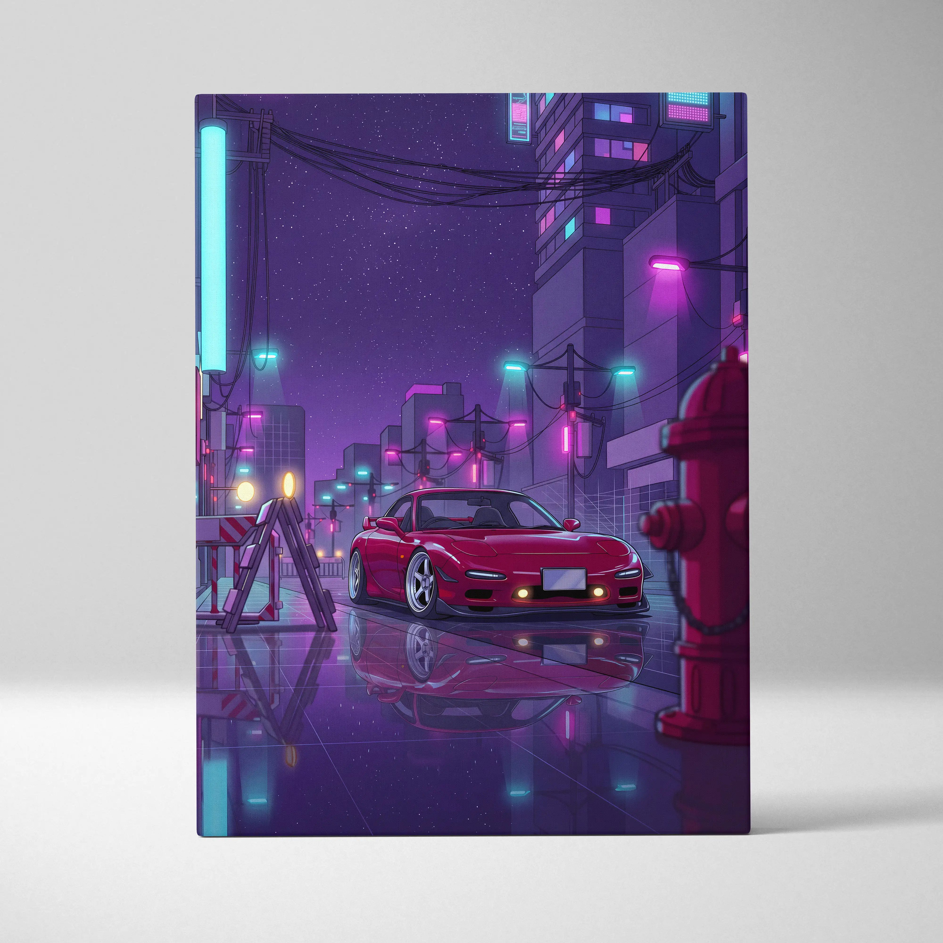 Mazda RX-7 FD Inspired Red Purple Canvas Wall Art, Neon Vaporwave JDM Sports Car Artwork for Cyberpunk Garage Decor