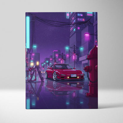 Mazda RX-7 FD Inspired Red Purple Canvas Wall Art, Neon Vaporwave JDM Sports Car Artwork for Cyberpunk Garage Decor
