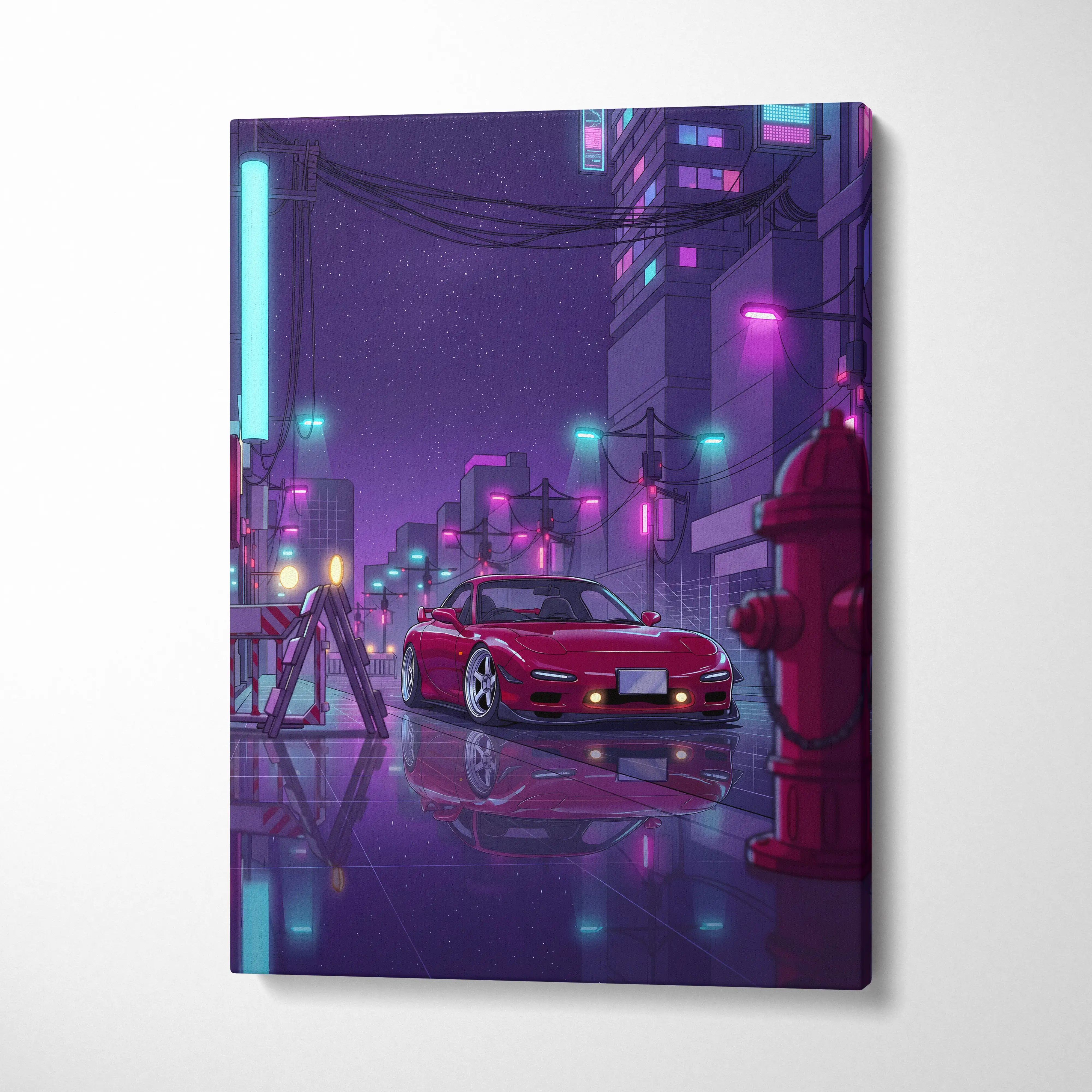 Mazda RX-7 FD Inspired Red Purple Canvas Wall Art, Neon Vaporwave JDM Sports Car Artwork for Cyberpunk Garage Decor