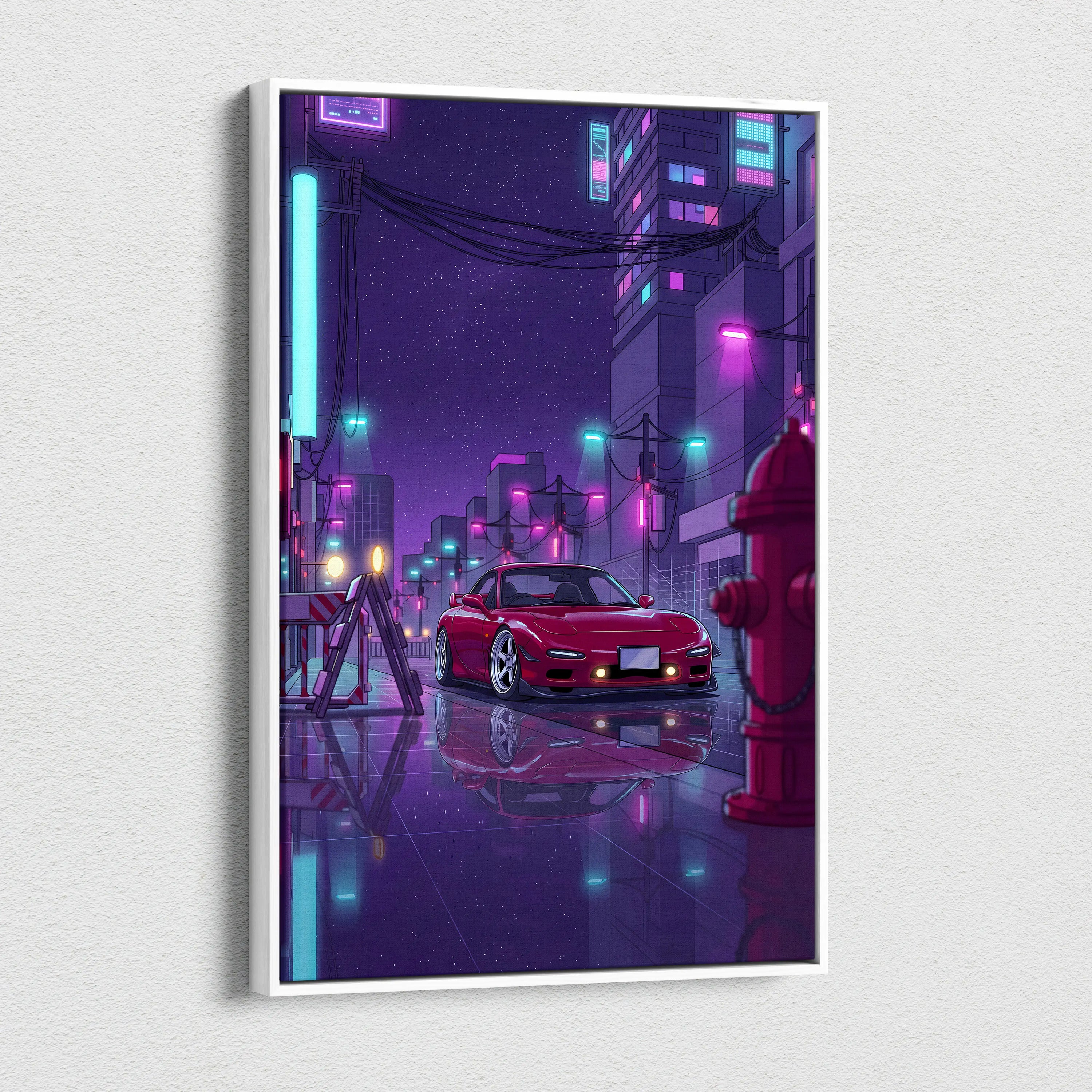Mazda RX-7 FD Inspired Red Purple Canvas Wall Art, Neon Vaporwave JDM Sports Car Artwork for Cyberpunk Garage Decor