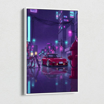 Mazda RX-7 FD Inspired Red Purple Canvas Wall Art, Neon Vaporwave JDM Sports Car Artwork for Cyberpunk Garage Decor