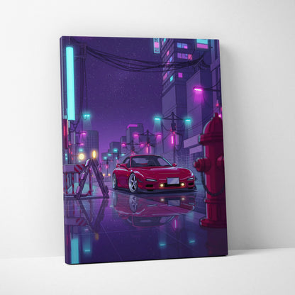 Mazda RX-7 FD Inspired Red Purple Canvas Wall Art, Neon Vaporwave JDM Sports Car Artwork for Cyberpunk Garage Decor