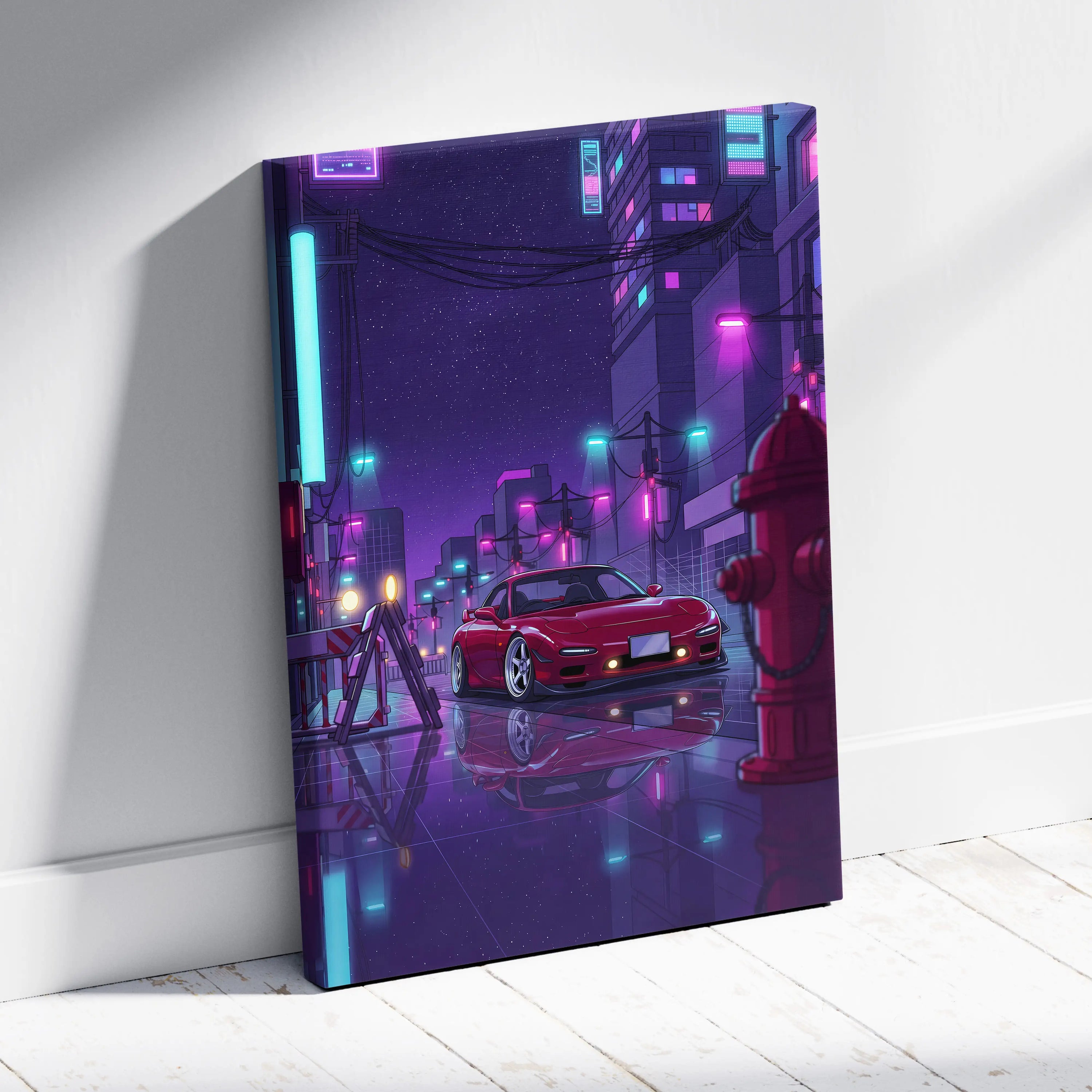 Mazda RX-7 FD Inspired Red Purple Canvas Wall Art, Neon Vaporwave JDM Sports Car Artwork for Cyberpunk Garage Decor