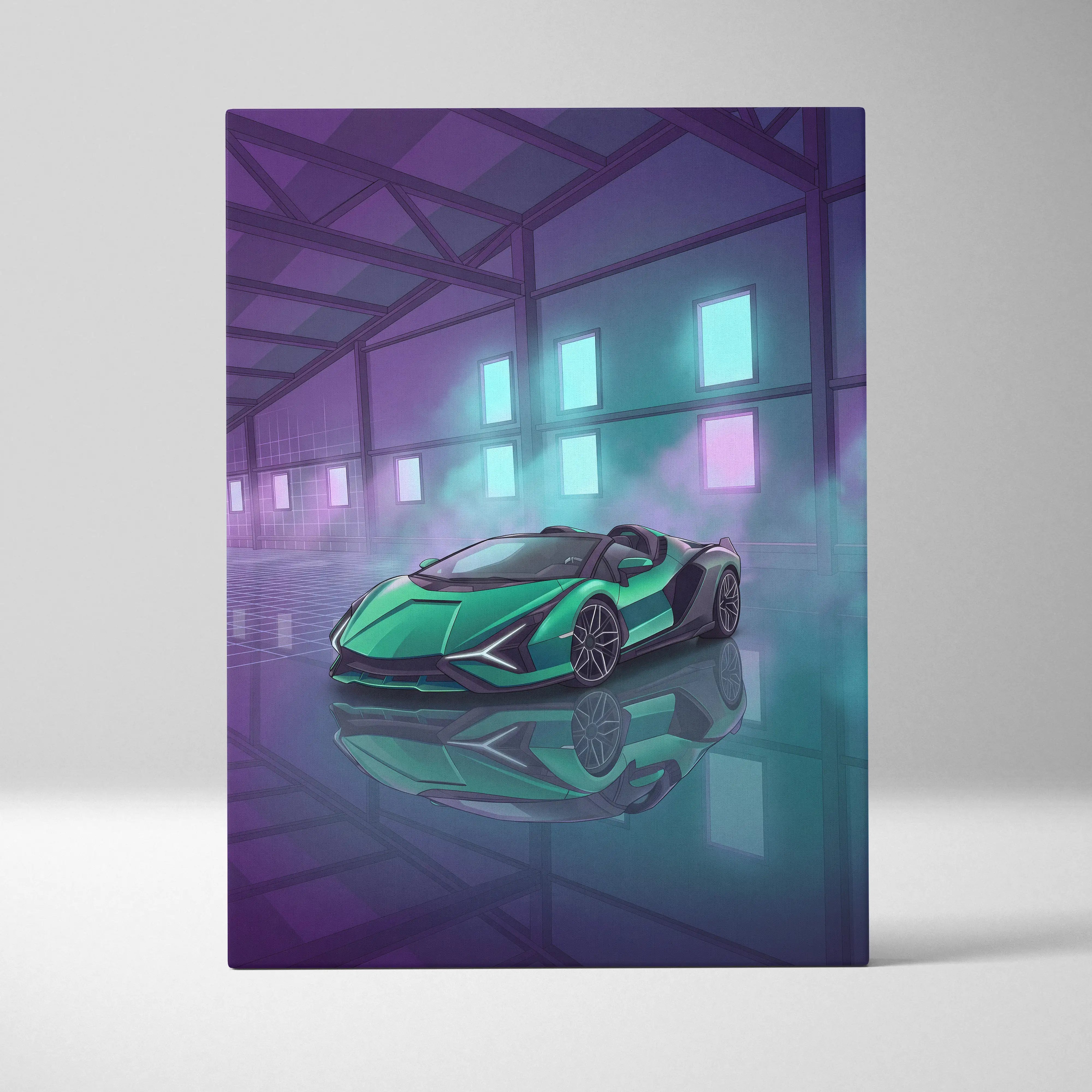 Lamborghini Sian Roadster Inspired Green Purple Canvas Wall Art, Neon Vaporwave Hypercar Artwork for Futuristic Garage Decor