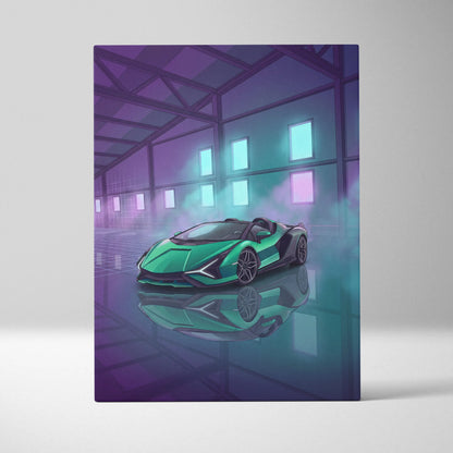 Lamborghini Sian Roadster Inspired Green Purple Canvas Wall Art, Neon Vaporwave Hypercar Artwork for Futuristic Garage Decor