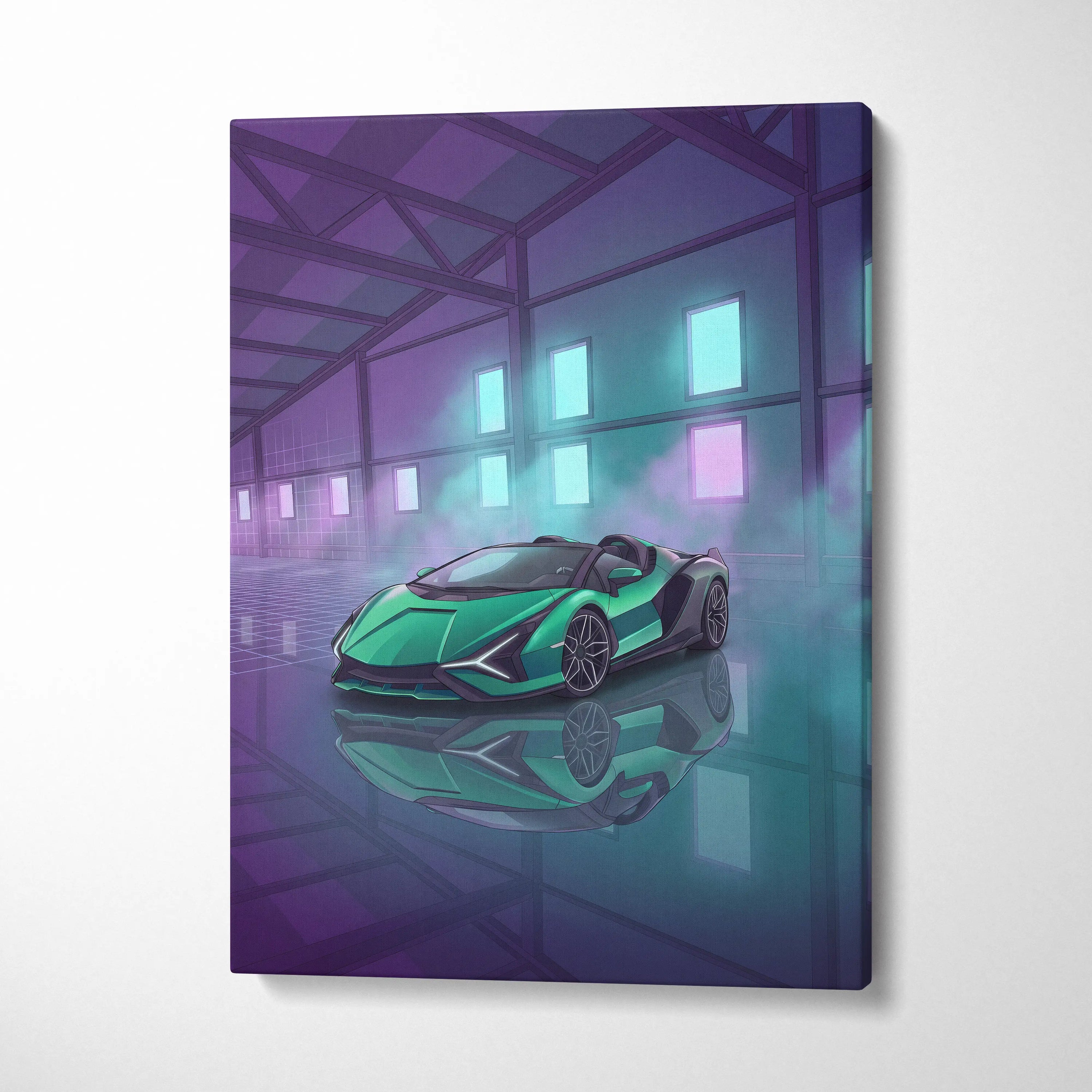 Lamborghini Sian Roadster Inspired Green Purple Canvas Wall Art, Neon Vaporwave Hypercar Artwork for Futuristic Garage Decor