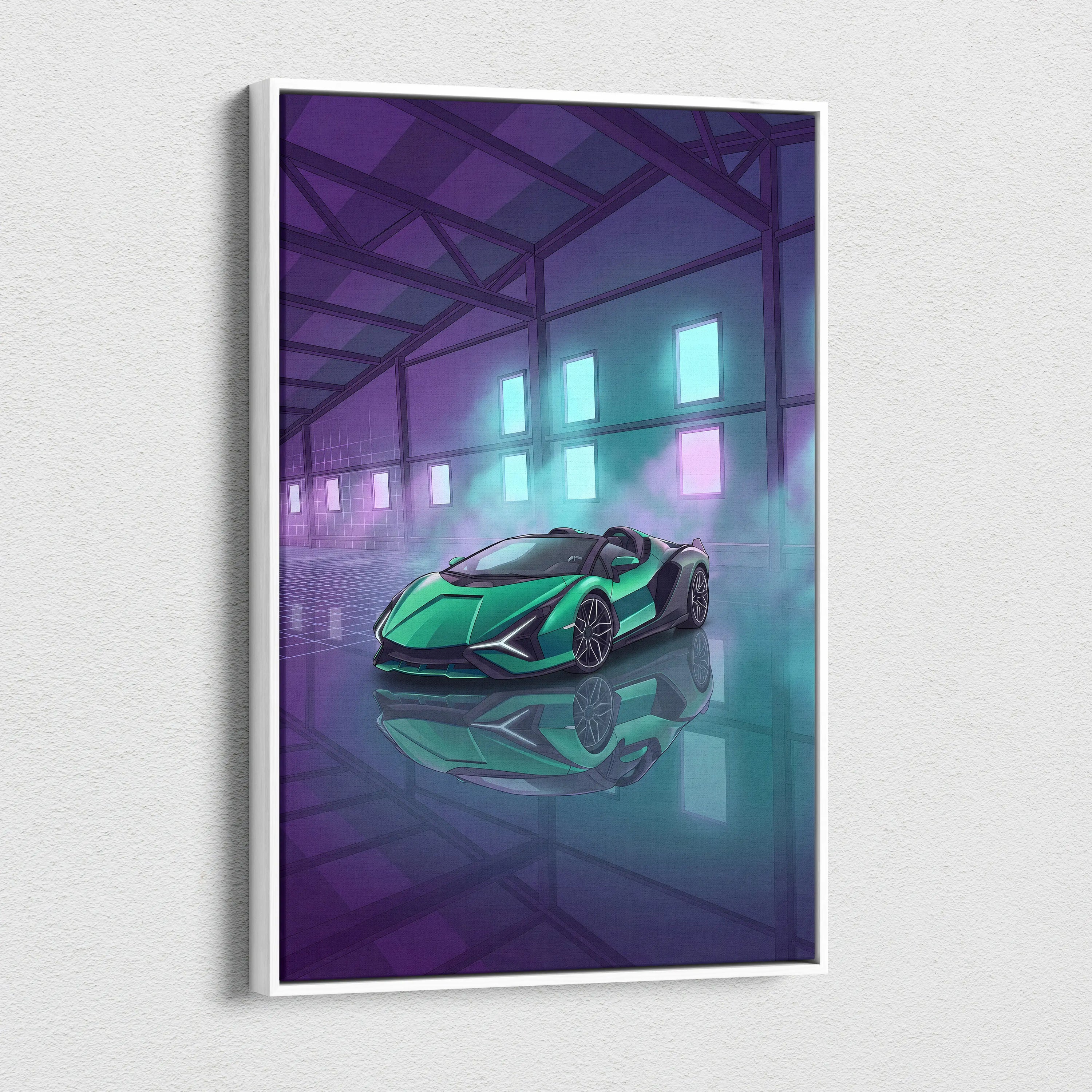 Lamborghini Sian Roadster Inspired Green Purple Canvas Wall Art, Neon Vaporwave Hypercar Artwork for Futuristic Garage Decor