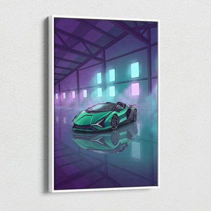 Lamborghini Sian Roadster Inspired Green Purple Canvas Wall Art, Neon Vaporwave Hypercar Artwork for Futuristic Garage Decor